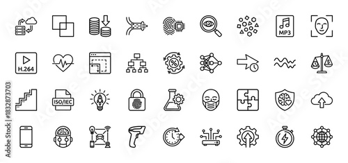 Technology and data line icon set. Vector pictograms of cloud computing, artificial intelligence, security, and analysis, thin linear illustration.