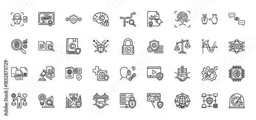 Security, privacy, and intellectual property line icon set. Vector pictograms of face recognition, copyright, data protection, and biometrics, thin linear illustration.