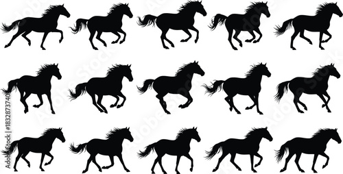 Collection of fifteen black silhouette icons depicting a horse in various stages of running motion