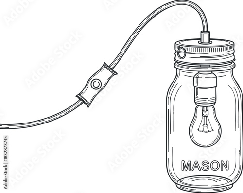 Outline vector illustration of a mason jar lamp with a light bulb, ideal for home decor and creative design projects