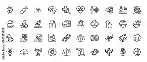 Technology and law line icon set. Vector pictograms of ai brain, cybersecurity lock, justice scale, and 5g tower, thin linear illustration.