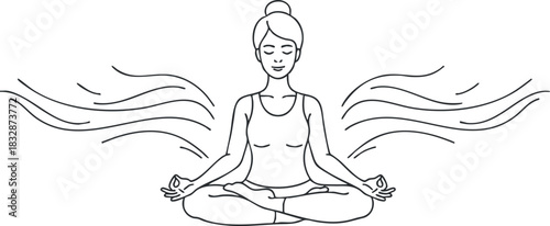 Outline vector illustration of a woman meditating in a serene pose, perfect for wellness and yoga themes