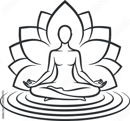 Elegant minimalist vector illustration of a meditative figure in lotus pose surrounded by lotus petals for wellness and mindfulness themes