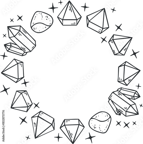 Hand-drawn outline vector illustration of a circular arrangement of various crystals and gemstones with decorative sparkles