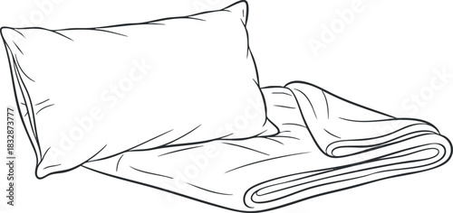 Outline vector illustration of a cozy pillow and blanket set for home decor and interior design projects