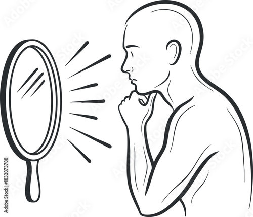 Minimalist black and white vector illustration of a person reflecting in a mirror, symbolizing self-discovery and contemplation for wellness projects