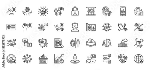 Justice and technology line icon set. Vector pictograms of fingerprint, shield, voting, brain, and handshake, thin linear illustration.