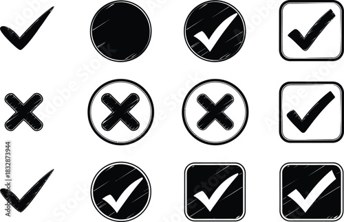 Set of black and white grunge check mark and cross mark icons