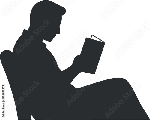 Silhouette vector illustration of a person reading a book while sitting comfortably in a chair, perfect for educational and literary themes