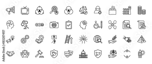 Justice, media, and social rights line icon set. Vector pictograms of megaphone, television, balance, gavel, and handshake, thin linear illustration.