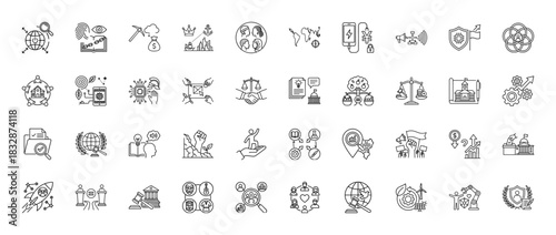 Global governance and social issues line icon set. vector pictograms of sustainable development, finance, law, and technology, thin linear illustration.