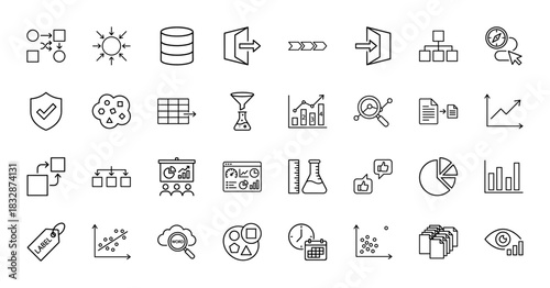 Data analytics and business statistics line icon set. Vector pictograms of dashboard, chart, cloud, database, funnel, hierarchy and process, thin linear illustration.