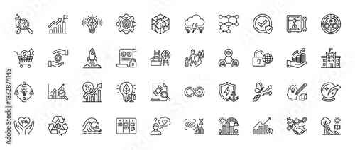 Business and technology line icon set. Vector pictograms of growth, innovation, strategy, and finance, thin linear illustration.