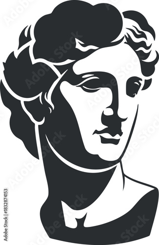 Stylized monochrome vector illustration of a classic bust sculpture, featuring elegant facial details for art and design projects