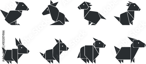 Stylized geometric vector illustration set featuring origami-style animal icons in black and white for creative design projects