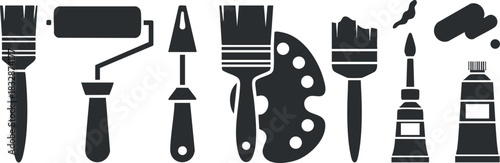Stylish black and white vector illustration of painting tools including brushes, rollers, and palettes for art and design projects