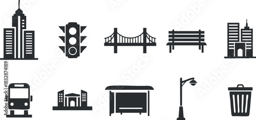 Modern flat design vector icon set featuring urban infrastructure elements for transportation and public spaces.