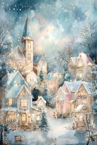 Magical snowy Christmas village with glowing windows, tall steeple and festive winter lights