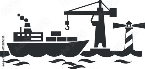 Stylized black and white vector illustration of a cargo ship, crane, and lighthouse at a busy port scene.