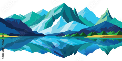 Geometric mountain range reflecting in a serene lake with vibrant colors and sharp edges
