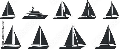 Vector illustration set of various sailboats and yachts in a minimalist black and white style for marine-themed projects