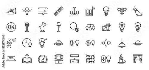 Smart home lighting line icon set. Vector pictograms of lightbulbs, dimmer, chandelier, switch, motion sensor, and prism, thin linear illustration.