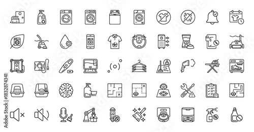 Home cleaning and laundry line icon set. Vector pictograms of washing machine, iron, vacuum, mop, and cleaning supplies, thin linear illustration.