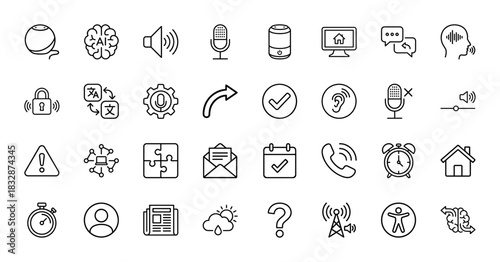Voice assistant and smart home technology line icon set. Vector pictograms of microphone, brain, speech, clock, and alarm, thin linear illustration.