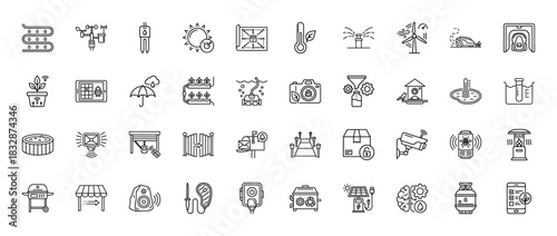 Smart home and gardening automation line icon set. Vector pictograms of irrigation, temperature, security, and robot devices, thin linear illustration.