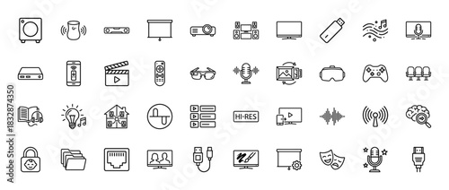 Home entertainment and audio visual technology line icon set. Vector pictograms of speaker, projector, television, and media controls, thin linear illustration.