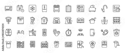 Kitchen appliance and smart cooking line icon set. Vector pictograms of microwave, blender, toaster, oven, and mixer, thin linear illustration.