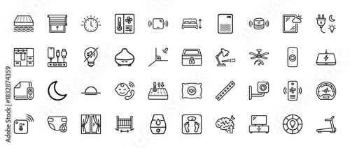 Smart home and sleep comfort line icon set. Vector pictograms of thermostat, mattress, humidifier, crib, and security camera, thin linear illustration.