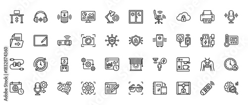 Smart home and internet of things line icon set. Vector pictograms of thermostat, smart speaker, augmented reality glasses, and robotic devices, thin linear illustration.