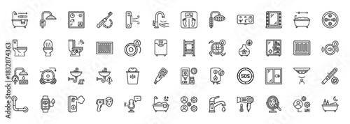 Bathroom and smart home hygiene line icon set. Vector pictograms of shower, bathtub, toilet, toothbrush, faucet, and water heater, thin linear illustration.