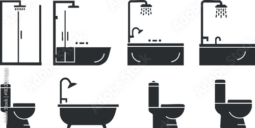 Vector icon set featuring modern bathroom elements, including shower, bathtub, toilet, and sink designs for home improvement projects