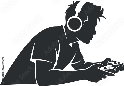 Silhouette vector illustration of a gamer wearing headphones, engaged in playing video games with a controller, ideal for gaming-related designs.