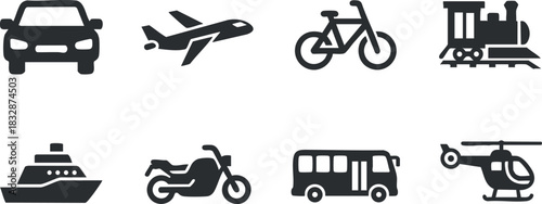 Collection of minimalist black and white vector icons representing various modes of transportation including cars, airplanes, bicycles, and more