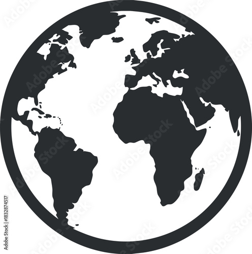 Flat black and white vector illustration of a globe symbolizing Earth for educational and environmental projects