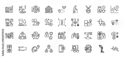 Assistive technology line icon set. Vector pictograms of fall detection, telemedicine, sos, medication, smart home, hearing aid, prosthetics, thin linear illustration.