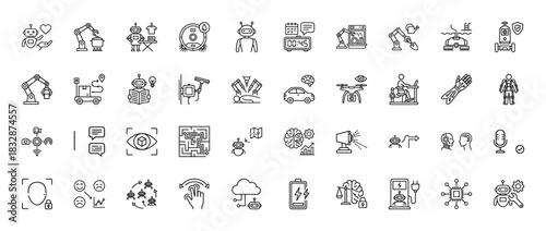 Artificial intelligence and robotics line icon set. Vector pictograms of robot arm, autonomous car, drone, and chatbot, thin linear illustration.