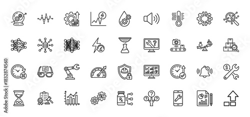 Predictive maintenance and smart industry line icon set. Vector pictograms of neural network, robotic arm, gears, sensors, analysis, thin linear illustration.