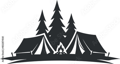 Silhouette vector illustration of a camping scene with tents and pine trees, perfect for outdoor and adventure design projects