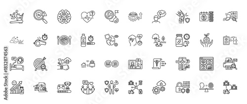Health and wellness line icon set. Vector pictograms of treadmill, nutrition, telemedicine, smart watch, brain, yoga, and medical data, thin linear illustration.