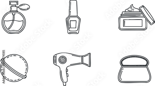 Outline vector icon set featuring beauty essentials like perfume, hair dryer, cosmetics, and skincare for branding and design projects