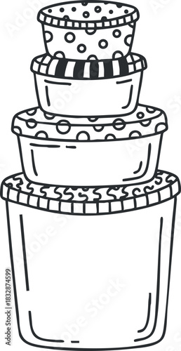 Outline vector illustration of stacked containers with decorative lids for home organization and kitchen design projects