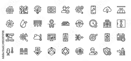Smart home technology line icon set. Vector pictograms of energy efficiency, climate control, security, and automation, thin linear illustration.