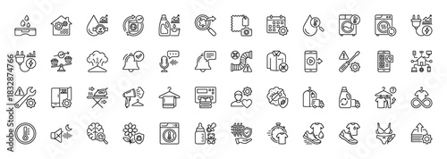 Laundry and smart home care line icon set. Vector pictograms of washing machine, clothes hanger, iron, detergent, and dryer, thin linear illustration.