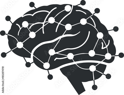 Modern flat design vector illustration of a brain with network connections, suitable for technology and neuroscience projects