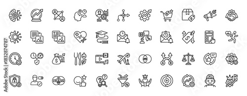 Business strategy and marketing line icon set. Vector pictograms of analysis, innovation, networking, sales, target, chatbot, optimization, thin linear illustration.