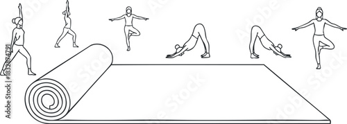 Minimalist line art vector illustration featuring women performing various yoga poses on a mat, ideal for health and fitness projects